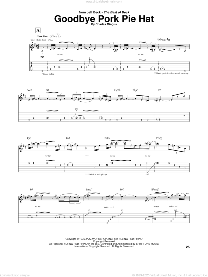 Goodbye Pork Pie Hat sheet music for guitar (tablature) by Jeff Beck and Charles Mingus, intermediate skill level