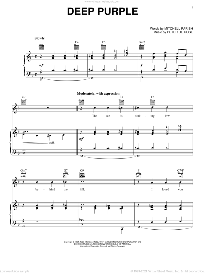 Deep Purple sheet music for voice, piano or guitar by Mitchell Parish and Peter DeRose, intermediate skill level