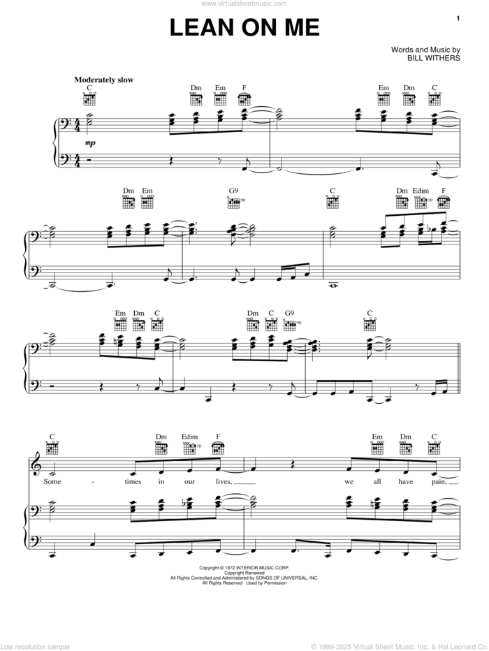 Lean On Me sheet music for voice, piano or guitar by Bill Withers, intermediate skill level