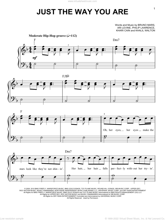 Just The Way You Are, (easy) sheet music for piano solo by Bruno Mars, Ari Levine, Khalil Walton, Khari Cain and Philip Lawrence, wedding score, easy skill level