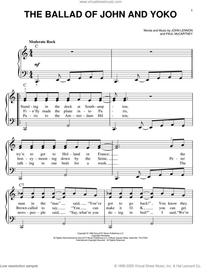 The Ballad Of John And Yoko sheet music for piano solo by The Beatles, John Lennon and Paul McCartney, easy skill level