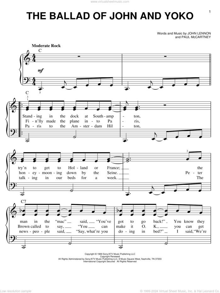 The Ballad Of John And Yoko sheet music for piano solo by The Beatles, John Lennon and Paul McCartney, easy skill level