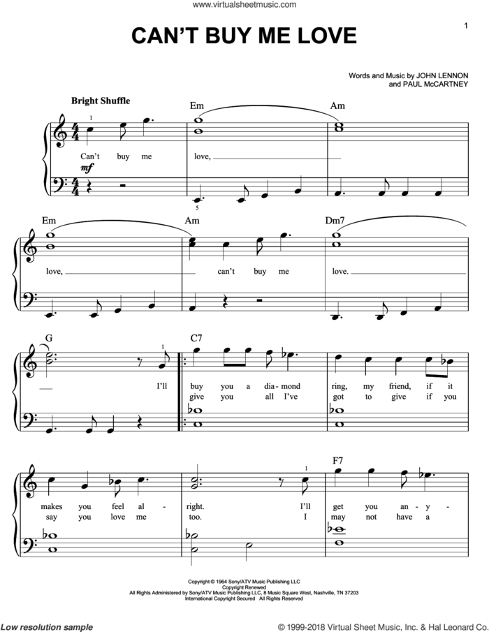 Can't Buy Me Love sheet music for piano solo by The Beatles, John Lennon and Paul McCartney, easy skill level