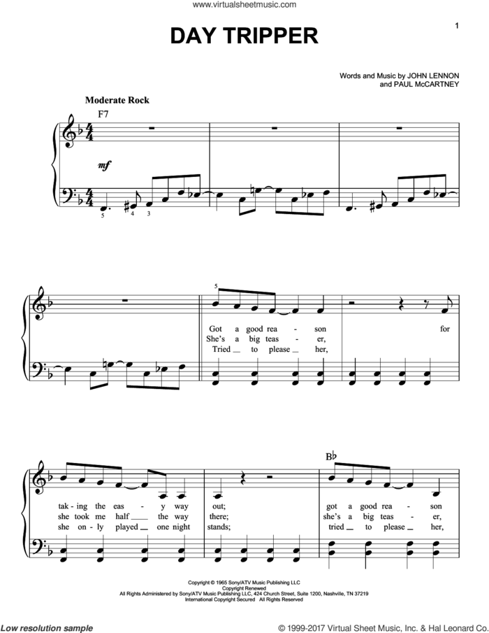 Day Tripper, (easy) sheet music for piano solo by The Beatles, John Lennon and Paul McCartney, easy skill level