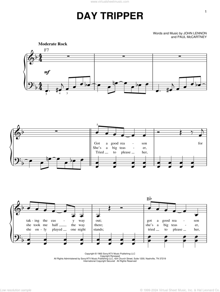 Day Tripper, (easy) sheet music for piano solo by The Beatles, John Lennon and Paul McCartney, easy skill level