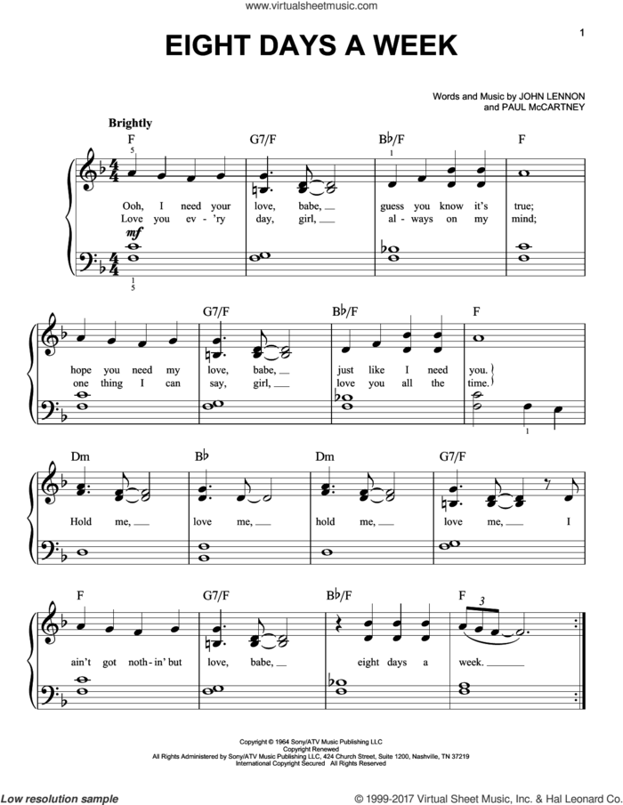 Eight Days A Week, (easy) sheet music for piano solo by The Beatles, John Lennon and Paul McCartney, easy skill level