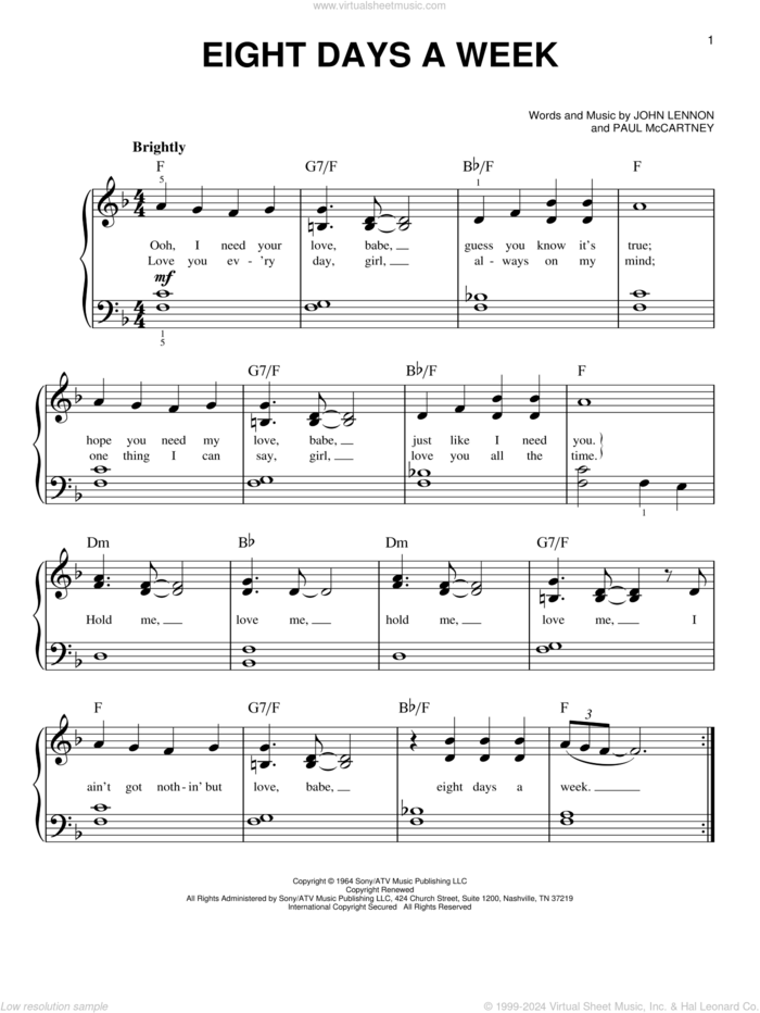 Eight Days A Week, (easy) sheet music for piano solo by The Beatles, John Lennon and Paul McCartney, easy skill level