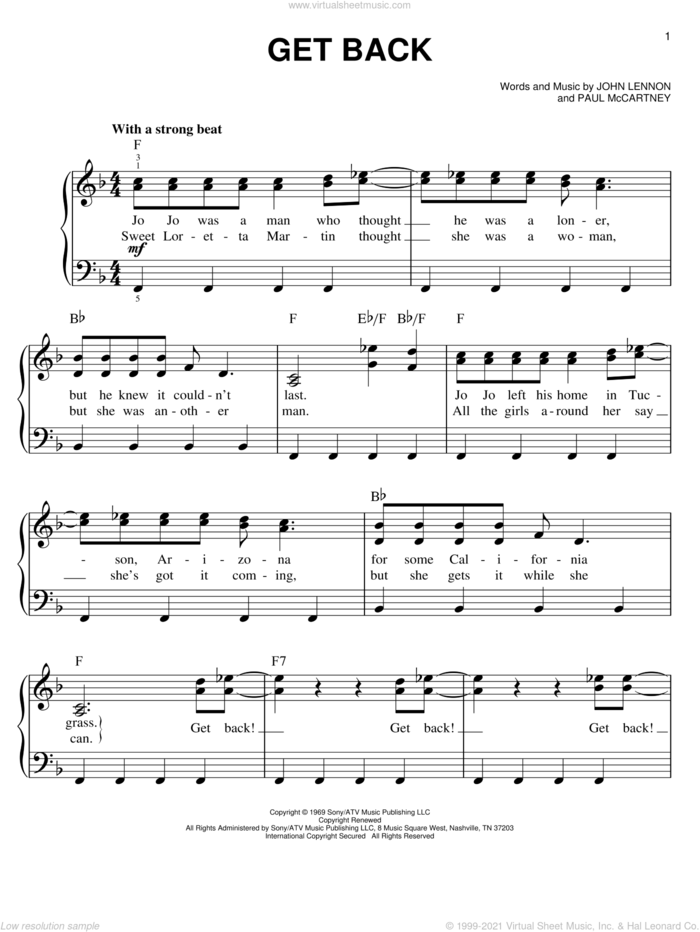 Get Back, (easy) sheet music for piano solo by The Beatles, John Lennon and Paul McCartney, easy skill level