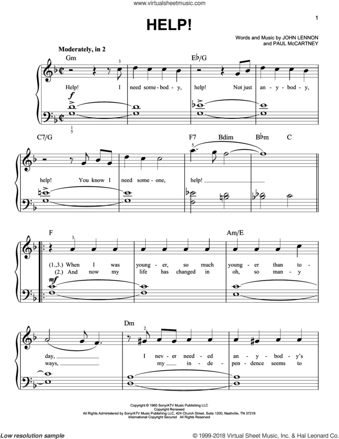 Help!, (beginner) sheet music for piano solo by The Beatles, John Lennon and Paul McCartney, beginner skill level