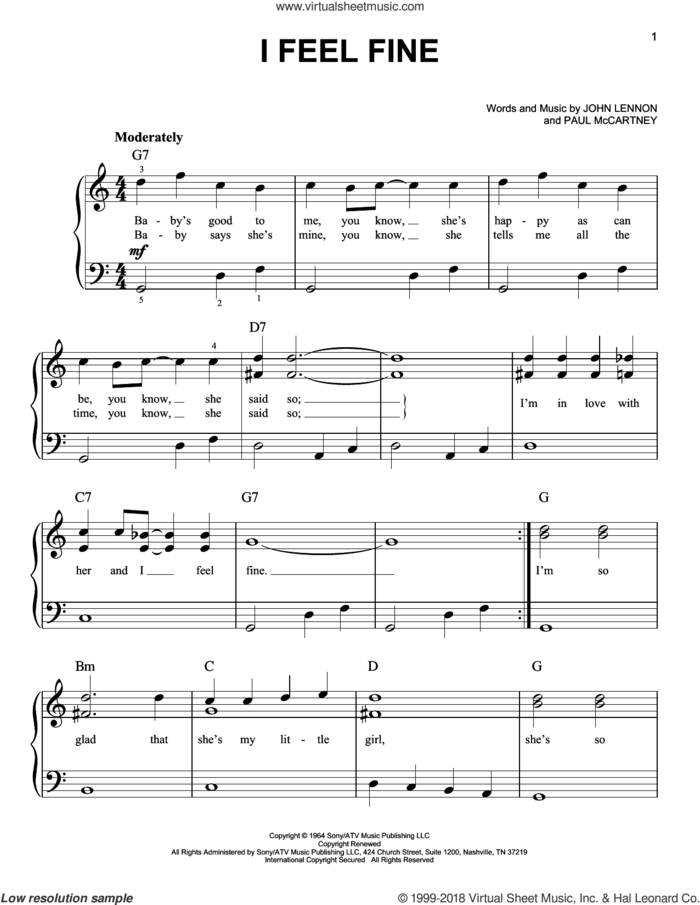 I Feel Fine, (easy) sheet music for piano solo by The Beatles, John Lennon and Paul McCartney, easy skill level