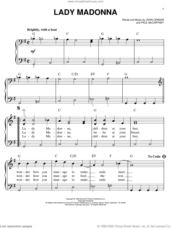 Lady Madonna, (easy) sheet music for piano solo by The Beatles, John Lennon and Paul McCartney, easy skill level