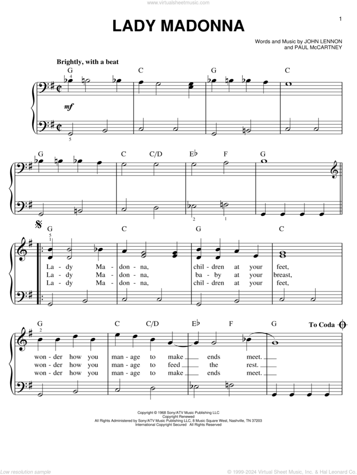 Lady Madonna, (easy) sheet music for piano solo by The Beatles, John Lennon and Paul McCartney, easy skill level