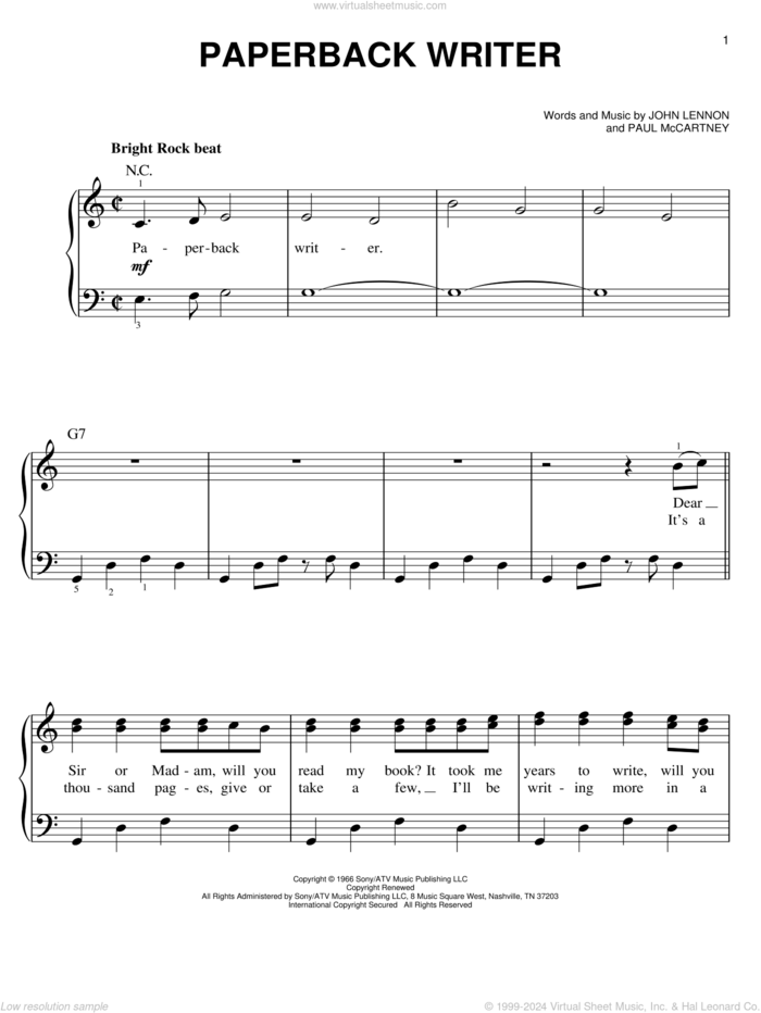 Paperback Writer, (easy) sheet music for piano solo by The Beatles, John Lennon and Paul McCartney, easy skill level