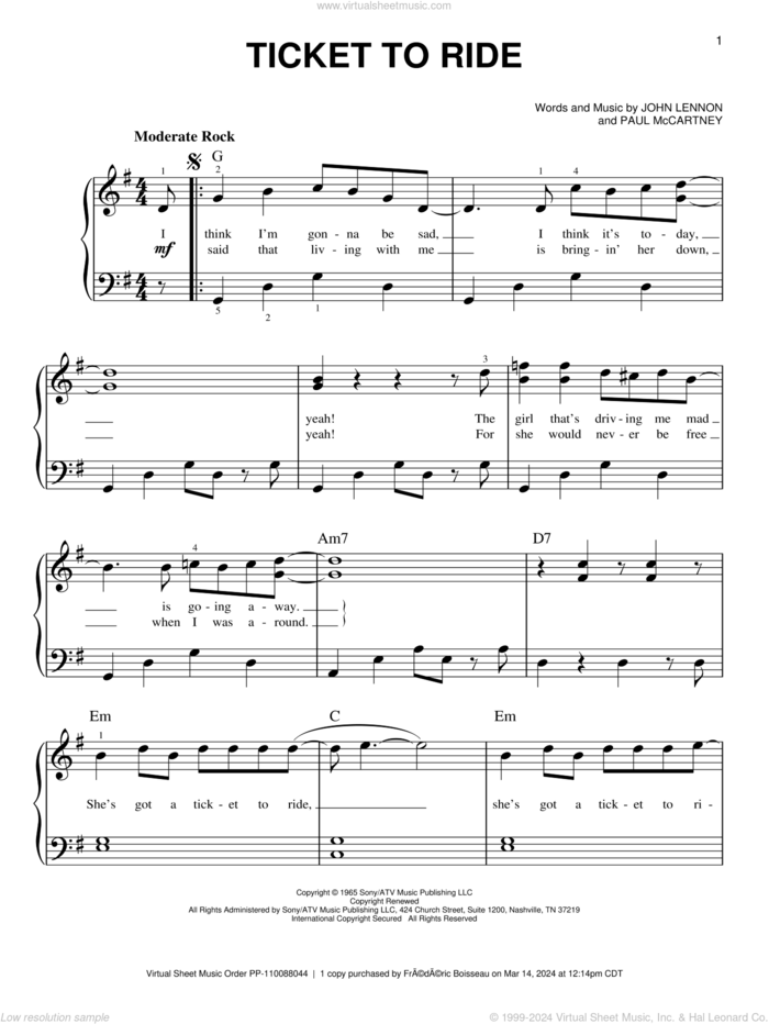 Ticket To Ride, (beginner) sheet music for piano solo by The Beatles, John Lennon and Paul McCartney, beginner skill level