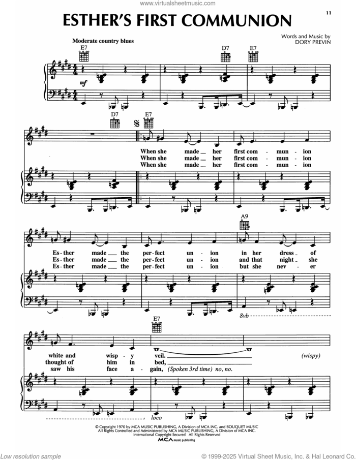 Esther's First Communion sheet music for voice, piano or guitar by Dory Previn, intermediate skill level