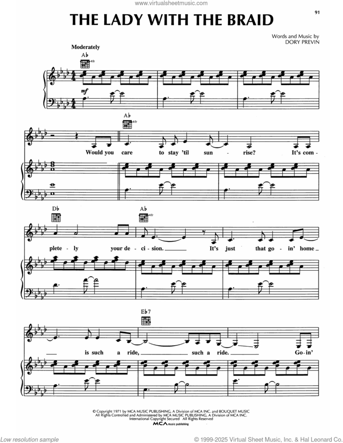 The Lady With The Braid sheet music for voice, piano or guitar by Dory Previn, intermediate skill level