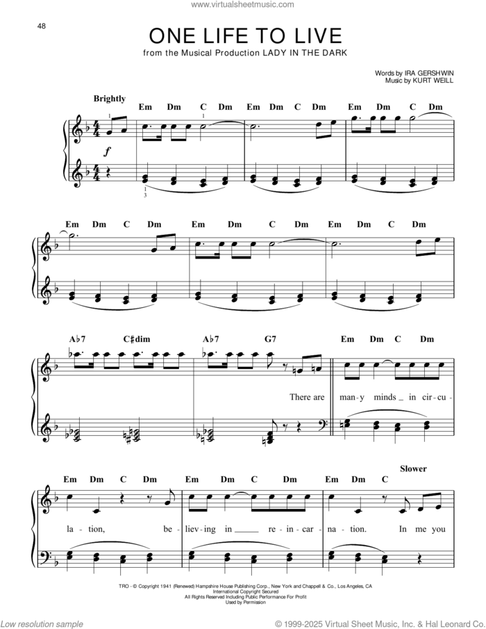 One Life To Live (from Lady In The Dark) sheet music for piano solo by Ira Gershwin and Kurt Weill, easy skill level