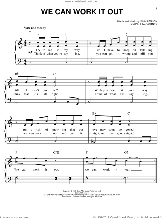 We Can Work It Out, (easy) sheet music for piano solo by The Beatles, John Lennon and Paul McCartney, easy skill level