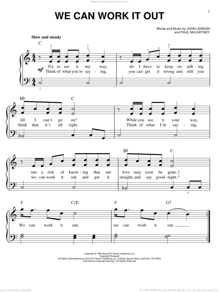 We Can Work It Out, (easy) sheet music for piano solo by The Beatles, John Lennon and Paul McCartney, easy skill level