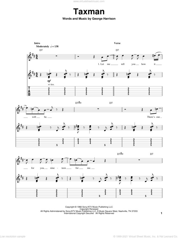 Taxman sheet music for guitar (tablature, play-along) by The Beatles and George Harrison, intermediate skill level