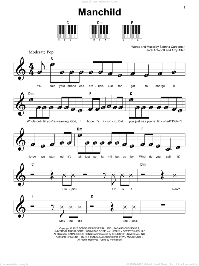 Manchild sheet music for piano solo by Sabrina Carpenter, Amy Allen and Jack Antonoff, beginner skill level