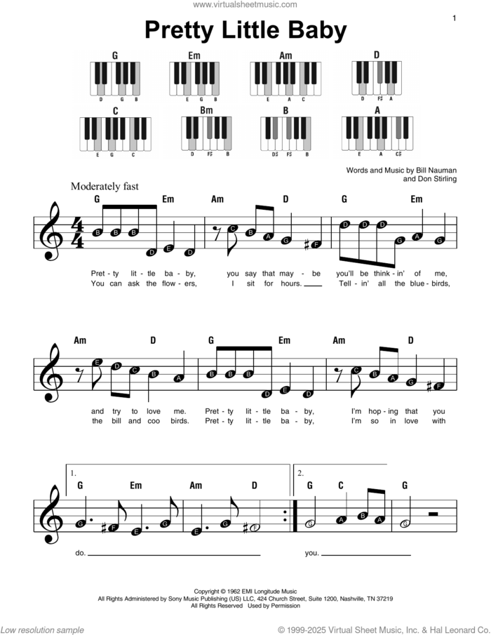 Pretty Little Baby sheet music for piano solo by Connie Francis, Bill Nauman and Don Stirling, beginner skill level