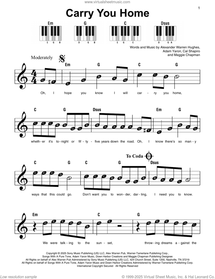 Carry You Home sheet music for piano solo by Alex Warren, Adam Yaron, Alexander Warren Hughes, Cal Shapiro and Maggie Chapman, beginner skill level