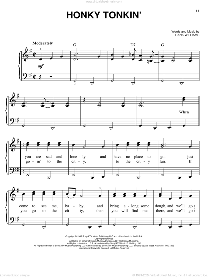 Honky Tonkin' sheet music for piano solo by Hank Williams, easy skill level