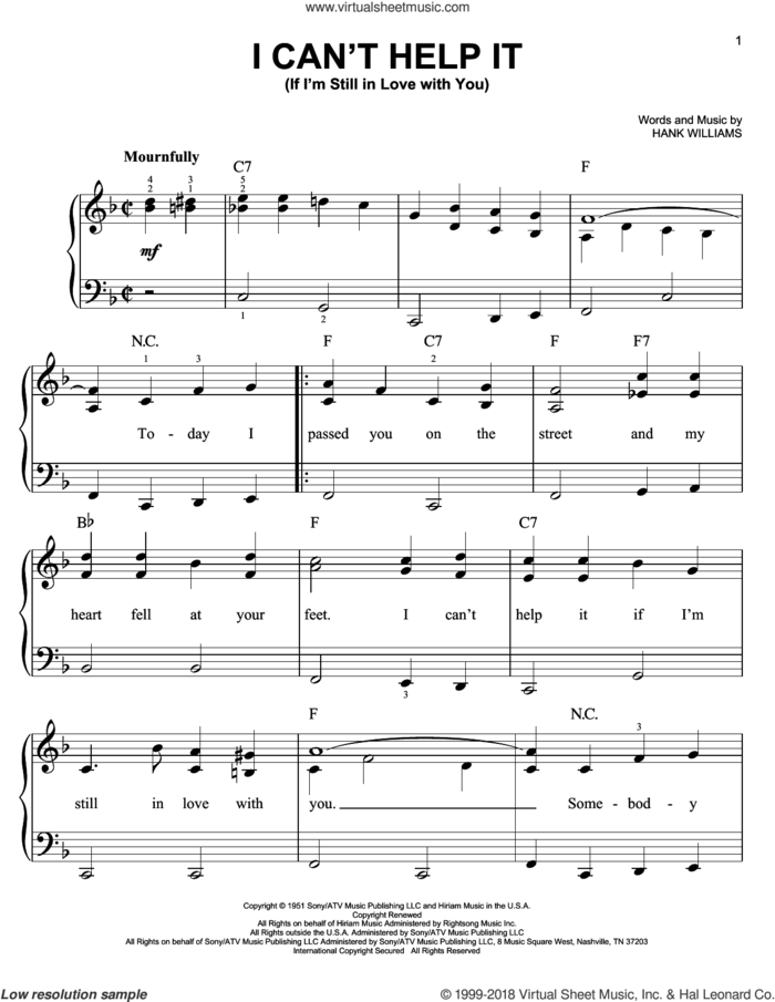 I Can't Help It (If I'm Still In Love With You) sheet music for piano solo by Hank Williams, beginner skill level