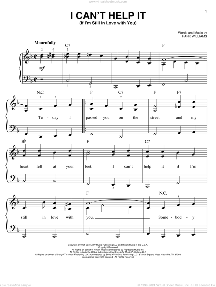 I Can't Help It (If I'm Still In Love With You) sheet music for piano solo by Hank Williams, beginner skill level