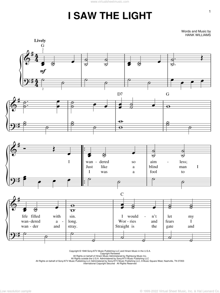 I Saw The Light, (easy) sheet music for piano solo by Hank Williams, easy skill level