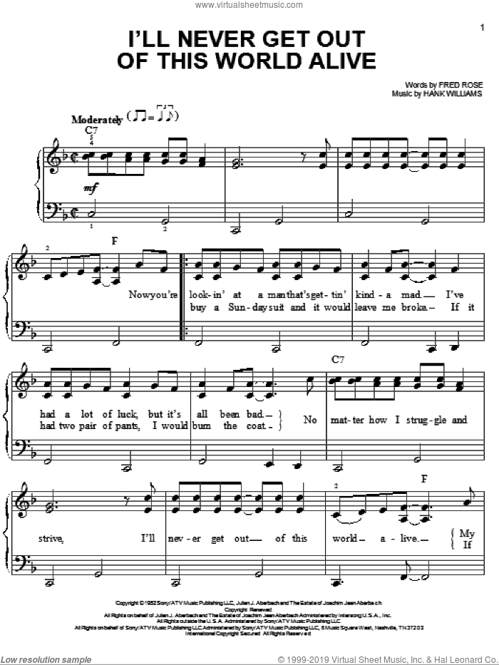 I'll Never Get Out Of This World Alive sheet music for piano solo by Hank Williams and Fred Rose, easy skill level