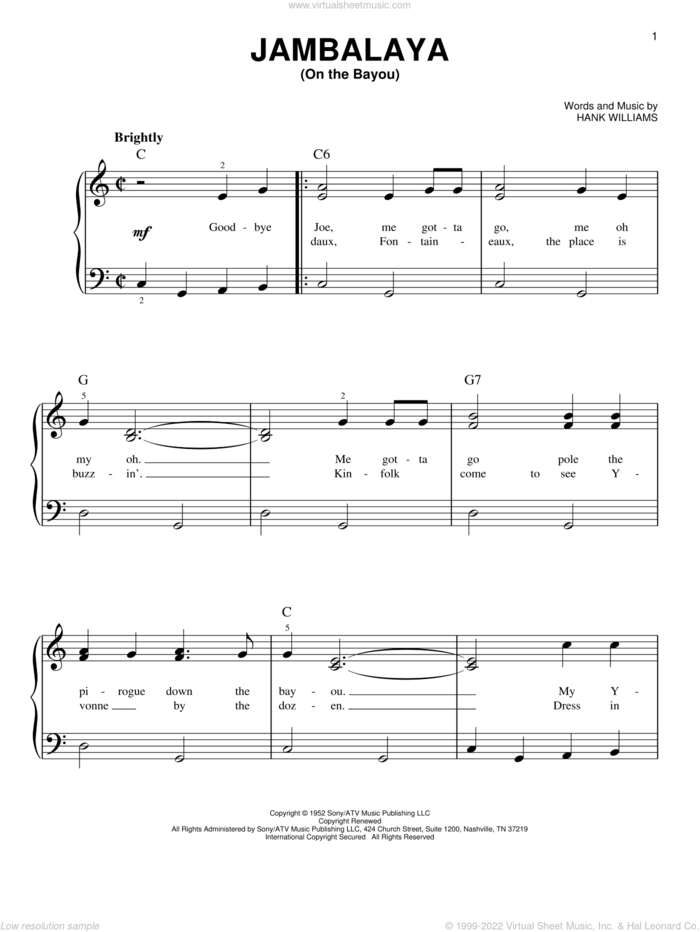 Jambalaya (On The Bayou), (beginner) sheet music for piano solo by Hank Williams, beginner skill level