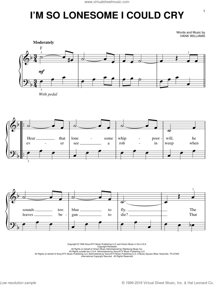I'm So Lonesome I Could Cry sheet music for piano solo by Hank Williams and Elvis Presley, easy skill level