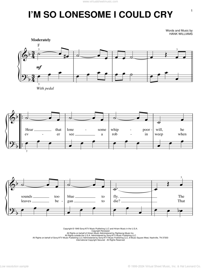 I'm So Lonesome I Could Cry sheet music for piano solo by Hank Williams and Elvis Presley, easy skill level