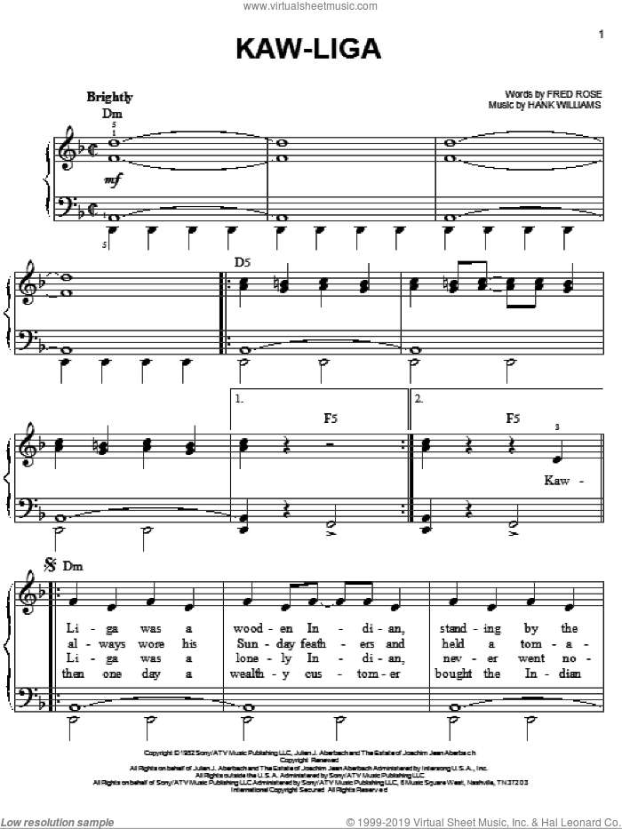 Kaw-Liga sheet music for piano solo by Hank Williams and Fred Rose, easy skill level