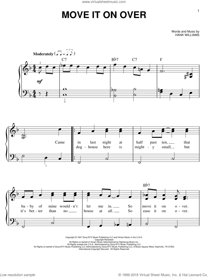 Move It On Over sheet music for piano solo by Hank Williams and George Thorogood, easy skill level