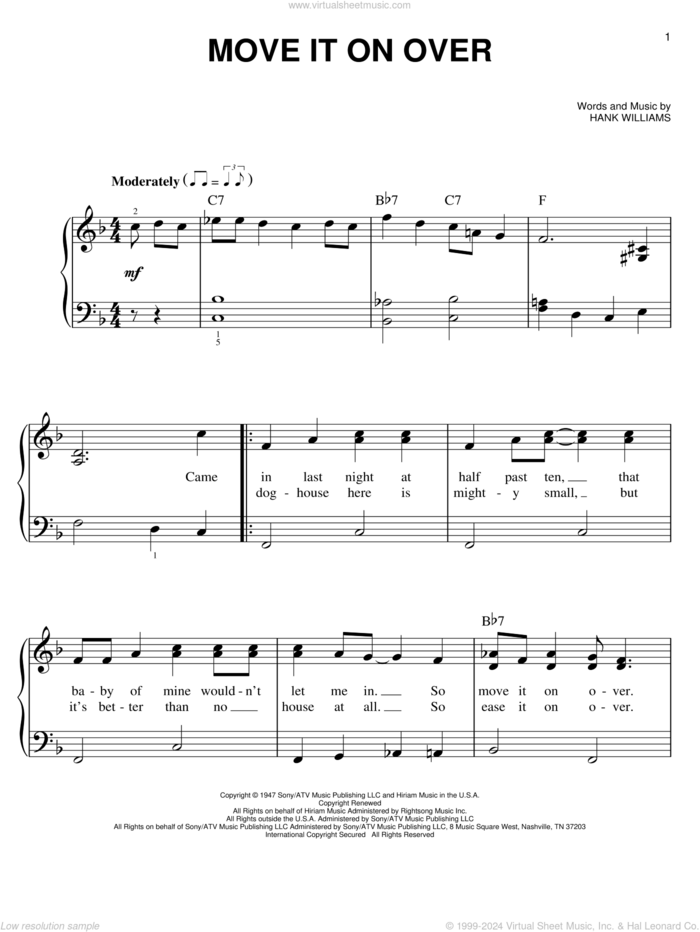 Move It On Over sheet music for piano solo by Hank Williams and George Thorogood, easy skill level