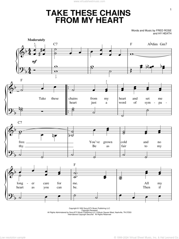 Take These Chains From My Heart, (easy) sheet music for piano solo by Hank Williams, Fred Rose and Hy Heath, easy skill level