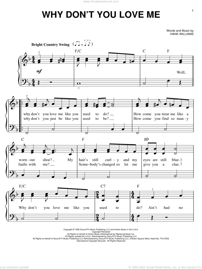 Why Don't You Love Me sheet music for piano solo by Hank Williams, easy skill level