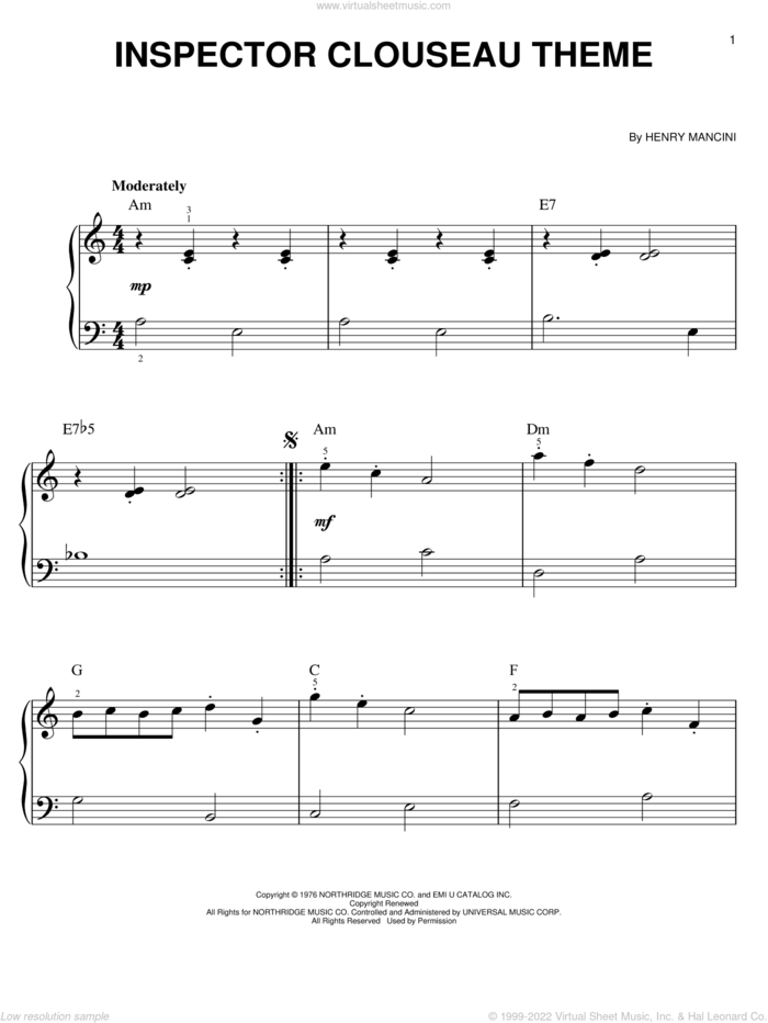 Inspector Clouseau Theme, (easy) sheet music for piano solo by Henry Mancini, easy skill level