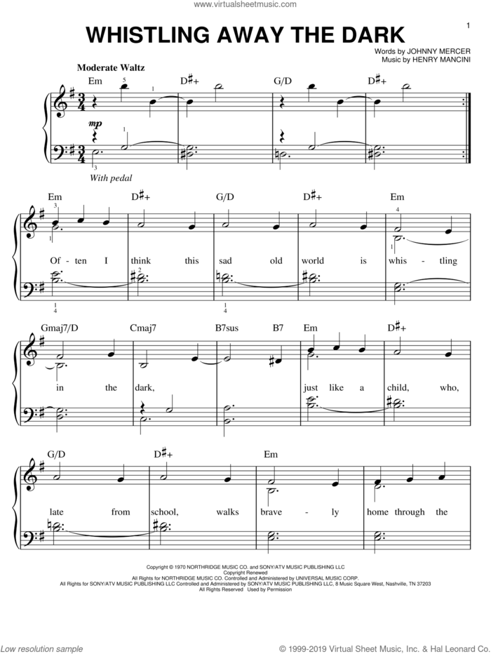 Whistling Away The Dark, (easy) sheet music for piano solo by Henry Mancini and Johnny Mercer, easy skill level
