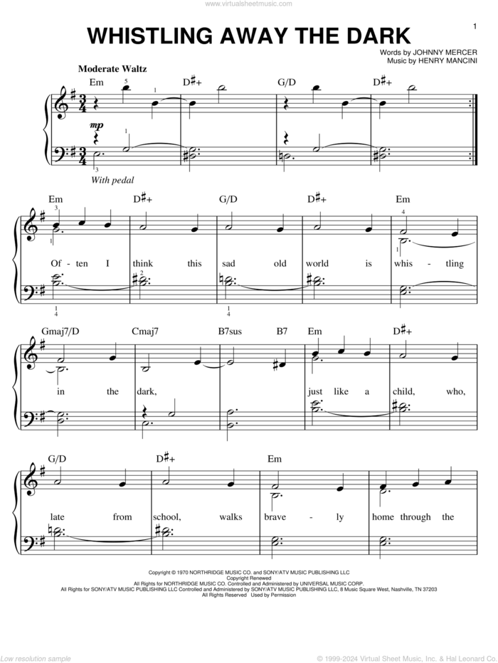 Whistling Away The Dark, (easy) sheet music for piano solo by Henry Mancini and Johnny Mercer, easy skill level