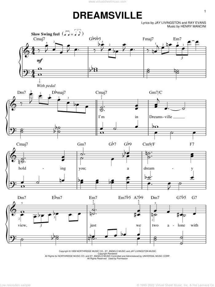 Dreamsville, (easy) sheet music for piano solo by Henry Mancini, Jay Livingston and Ray Evans, easy skill level