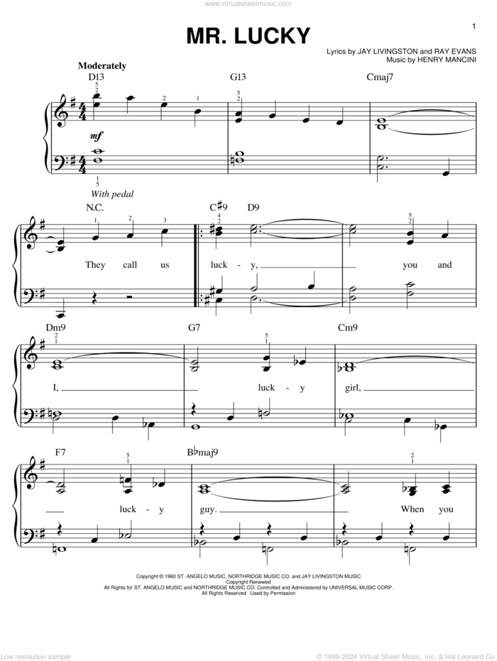 Mr. Lucky, (easy) sheet music for piano solo by Henry Mancini, Jay Livingston and Ray Evans, easy skill level