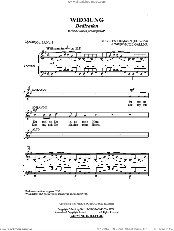 Widmung sheet music for choir (SSA: soprano, alto) by Robert Schumann and Jill Gallina, intermediate skill level