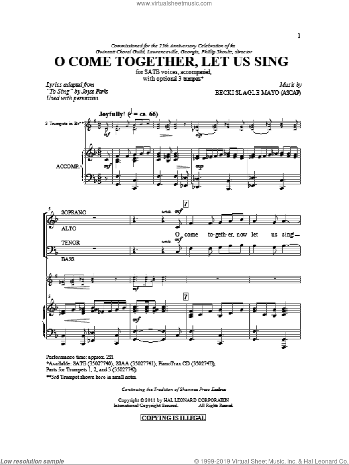 O Come Together, Let Us Sing sheet music for choir (SATB: soprano, alto, tenor, bass) by Becki Slagle Mayo and Joyce Parks, intermediate skill level