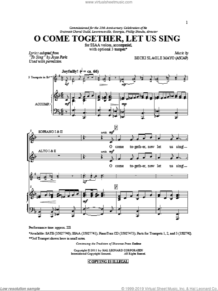 O Come Together, Let Us Sing sheet music for choir (SSA: soprano, alto) by Becki Slagle Mayo and Joyce Parks, intermediate skill level
