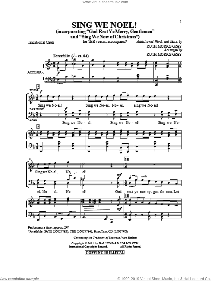 Sing We Noel sheet music for choir (TBB: tenor, bass) by Ruth Morris Gray, intermediate skill level