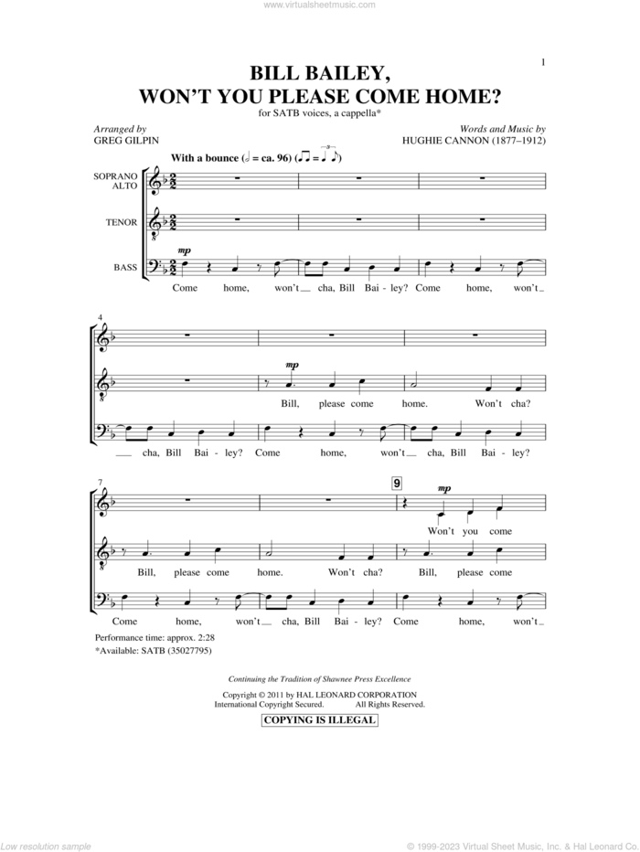 Bill Bailey, Won't You Please Come Home (arr. Greg Gilpin) sheet music for choir (SATB: soprano, alto, tenor, bass) by Hughie Cannon and Greg Gilpin, intermediate skill level